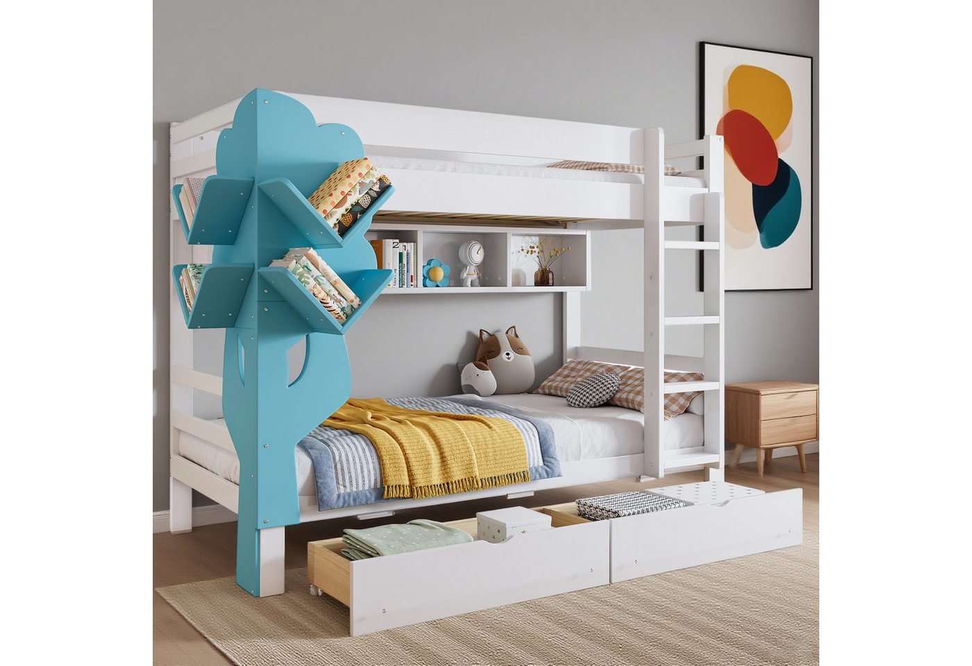 MODFU Etagenbett mit Baumförmigem Bücherregal (Kinderbett mit Offenem Regal & Schubladen, Holzbett 90x200 cm), ohne Matratze von MODFU