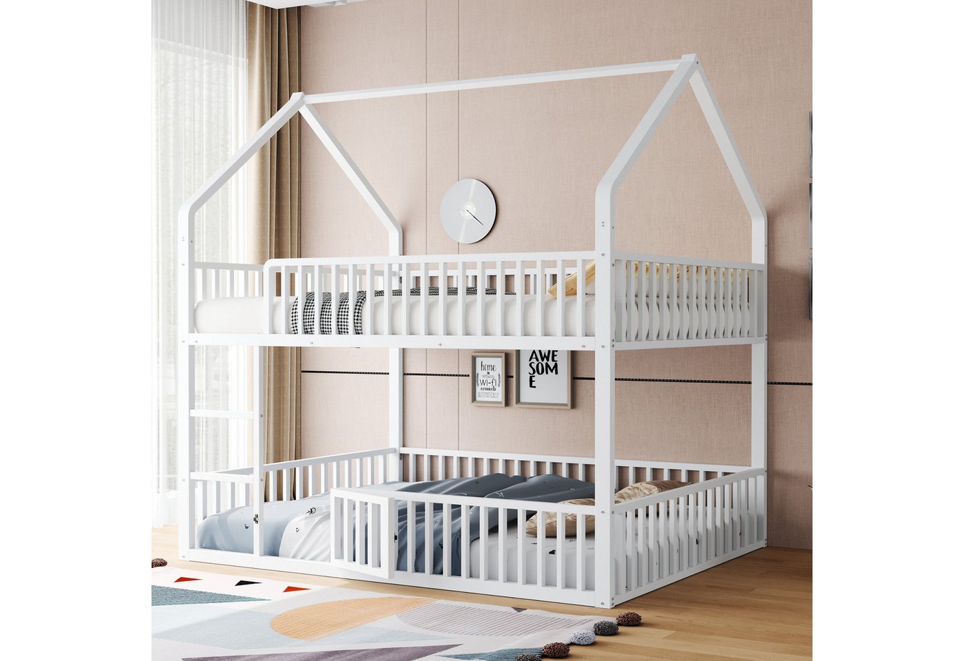 MODFU Etagenbett mit Hochbett-Design, Unteres Familienbett multifunktional (Metallbett mit Tür, Treppe, Kinderbett 140x200 cm), ohne Matratze von MODFU