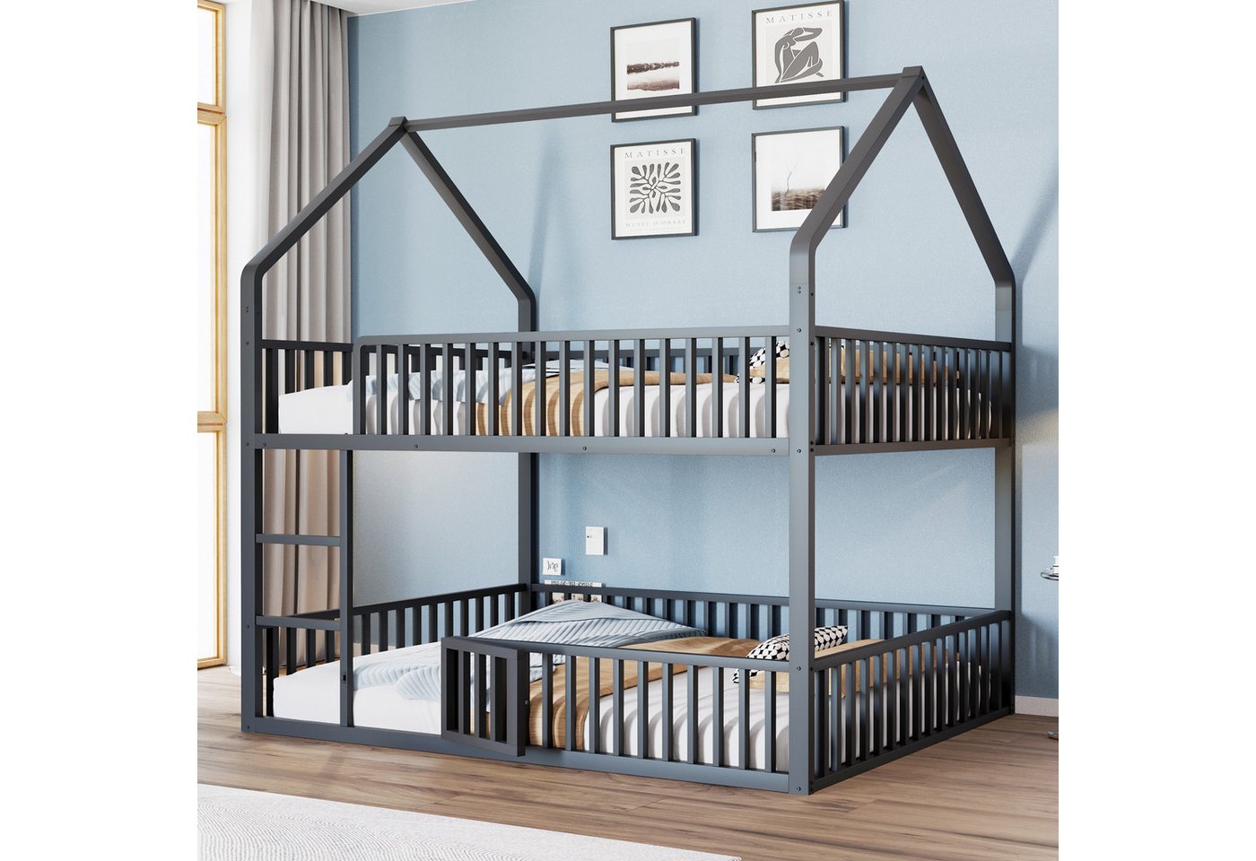 MODFU Etagenbett mit Hochbett-Design, Unteres Familienbett multifunktional (Metallbett mit Tür, Treppe, Kinderbett 140x200 cm), ohne Matratze von MODFU
