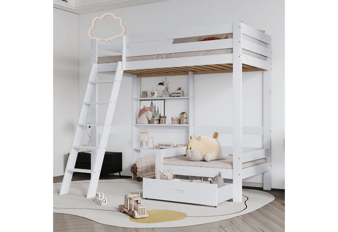 MODFU Etagenbett mit Sofa, Regalen und Schublade (Hochbett mit Praktische Stauraumlösung Platzsparendes, Einzelbett 90x200 cm), Ohne Matratze, Ohne Sofakissen von MODFU