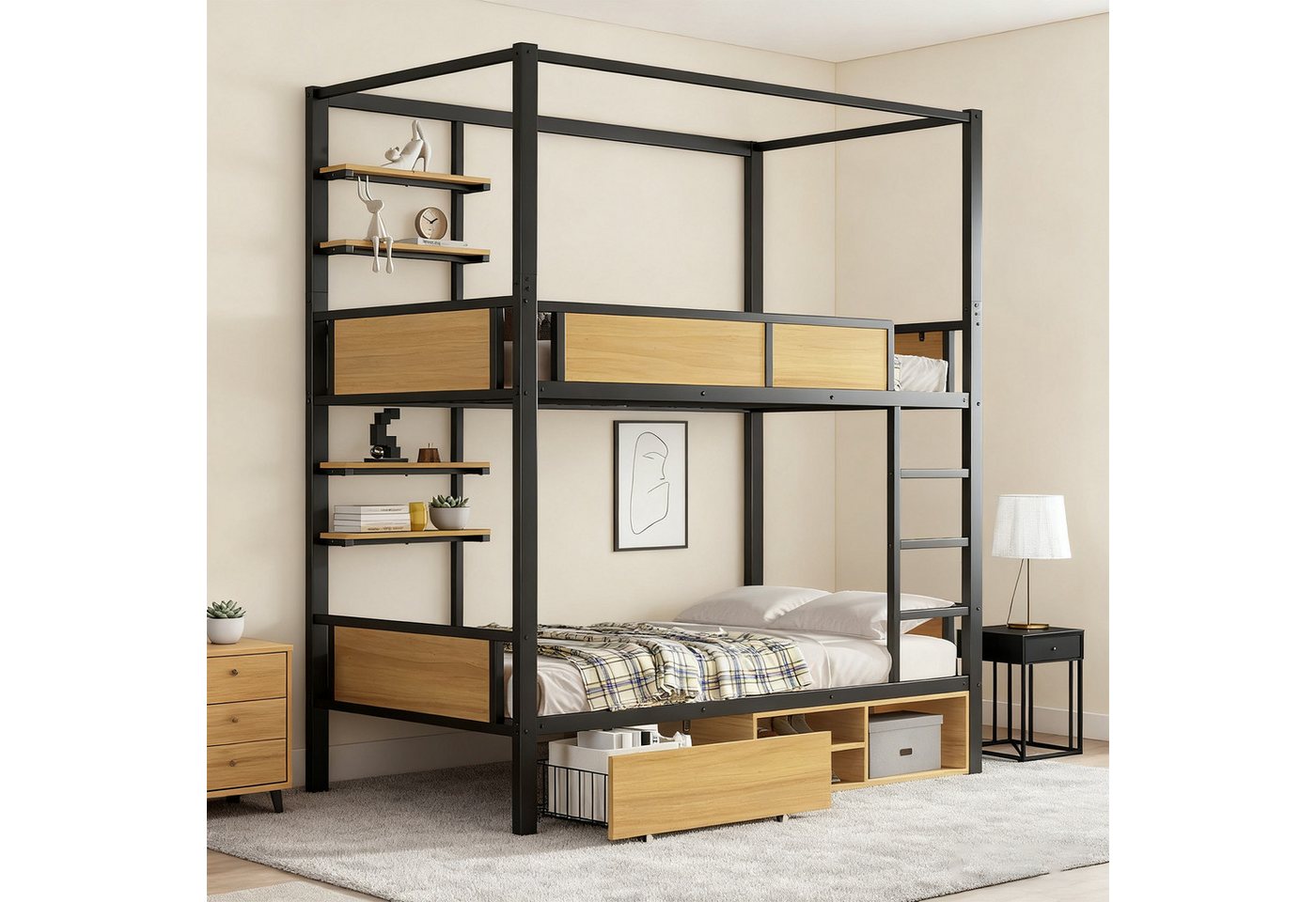 MODFU Etagenbett mit Stauraum (Kinderbett Eisen‑MDF‑Gestell, Metallbett 90x200cm), ohne Matratze von MODFU
