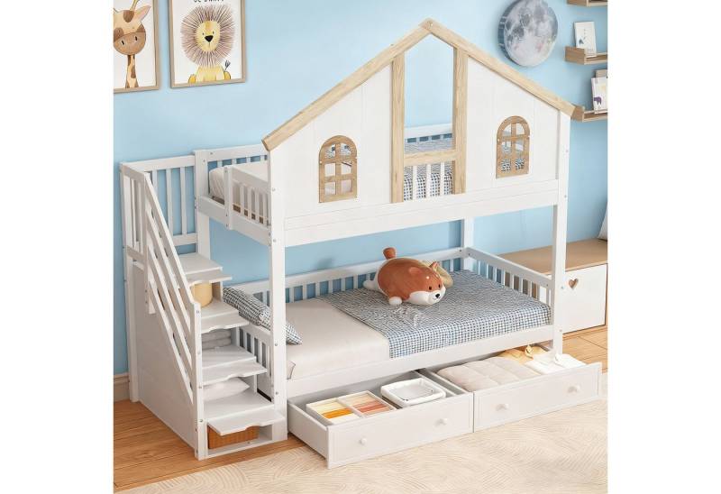 MODFU Etagenbett mit Stauraumtreppe & Fenster (Kinderbett mit sicheren Fallschutzgittern, Stauraumbett 90x200cm), ohne Matratze von MODFU