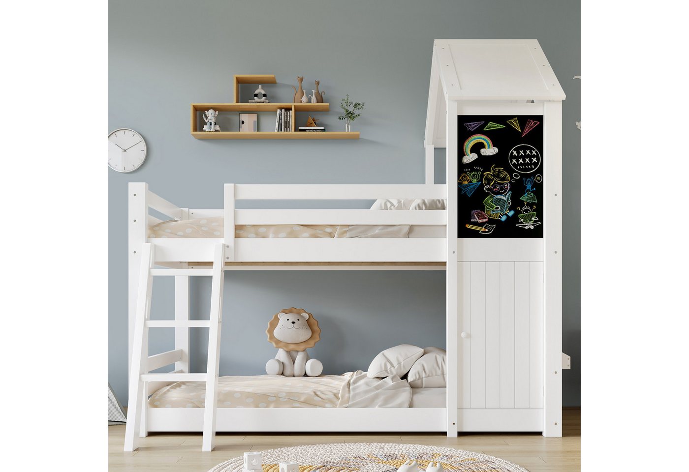 MODFU Etagenbett mit Tafel, Tür, Dach und Fenster (Kinderbett, sicherer Aufstieg durch schräge Dreistufenleiter), Holzbett 90x200 cm von MODFU