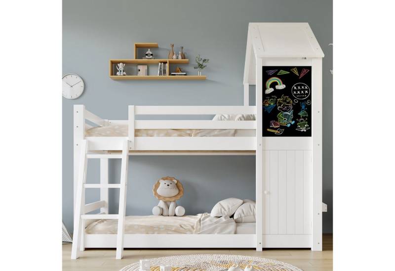 MODFU Etagenbett mit Tafel, Tür, Dach und Fenster (Kinderbett, sicherer Aufstieg durch schräge Dreistufenleiter), Holzbett 90x200 cm von MODFU