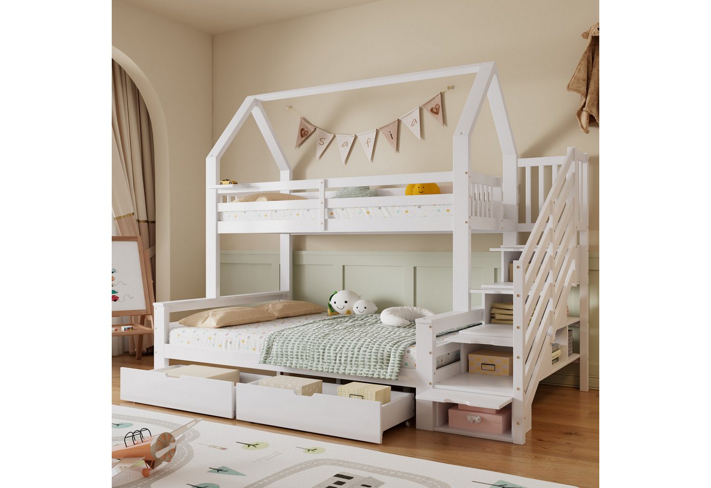 MODFU Etagenbett mit dekorativem Dach (Kinderbett mit Schubladen auf Rollen und Sicherheitsgeländer, Hochbett 90x200cm & 140x200cm), ohne Matratze von MODFU