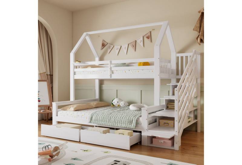 MODFU Etagenbett mit dekorativem Dach (Kinderbett mit Schubladen auf Rollen und Sicherheitsgeländer, Hochbett 90x200cm & 140x200cm), ohne Matratze von MODFU