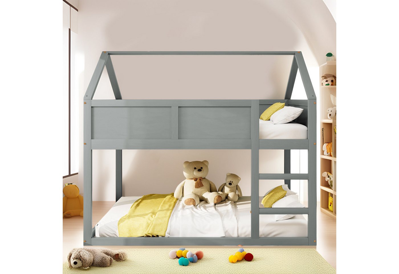 MODFU Etagenbett mit stabiler Treppe, Massivholzrahmen (Niedriges Etagen-Kinderbett) von MODFU