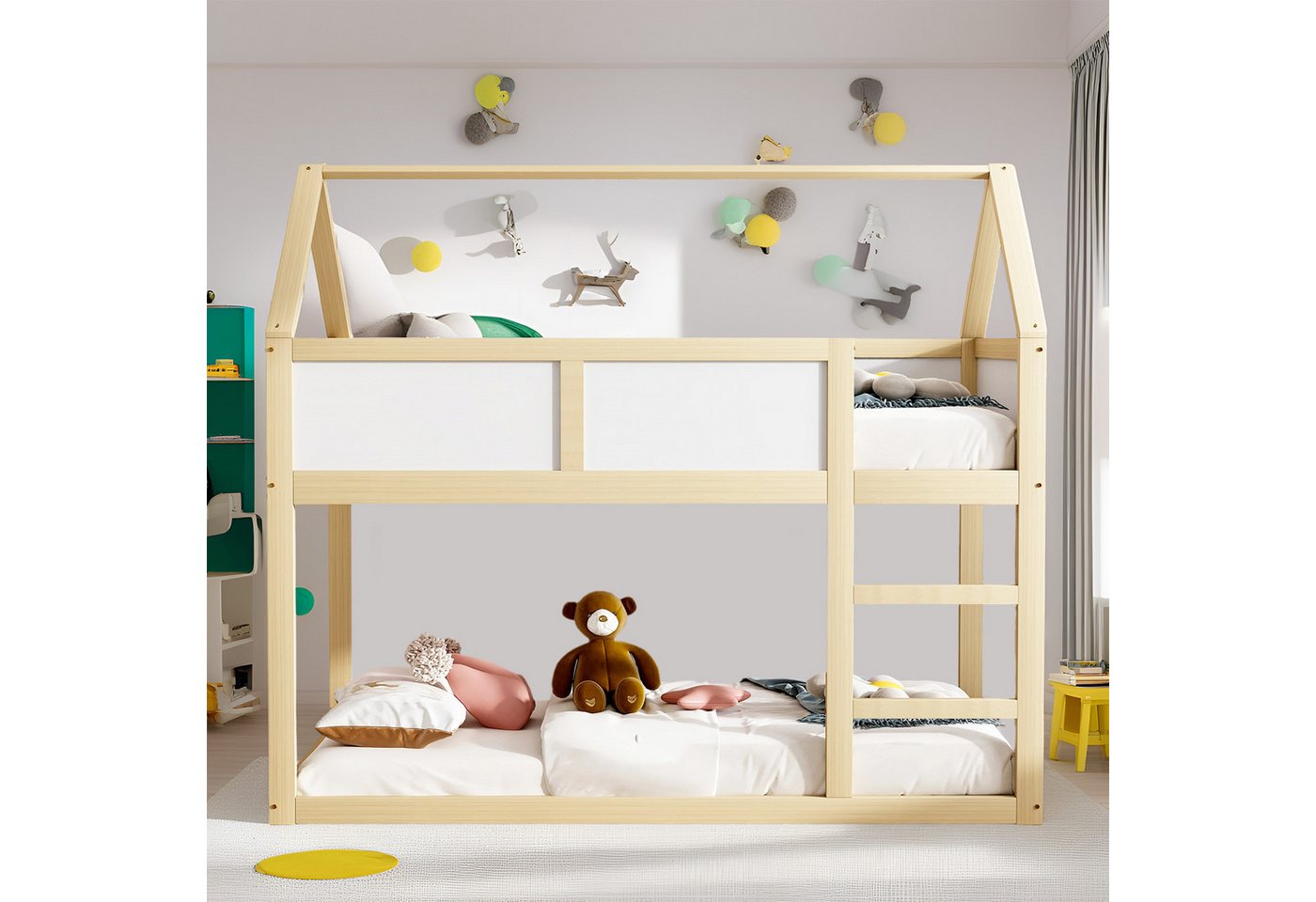 MODFU Etagenbett mit stabiler Treppe, Massivholzrahmen (Niedriges Etagen-Kinderbett, 90x200 cm), ohne Matratze von MODFU