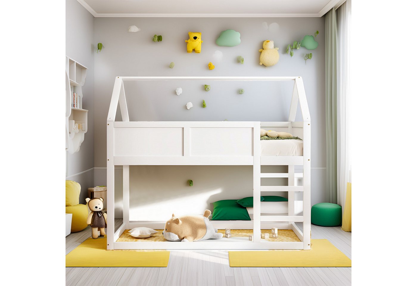 MODFU Etagenbett mit stabiler Treppe, Massivholzrahmen (Niedriges Etagen-Kinderbett, 90x200 cm), ohne Matratze von MODFU