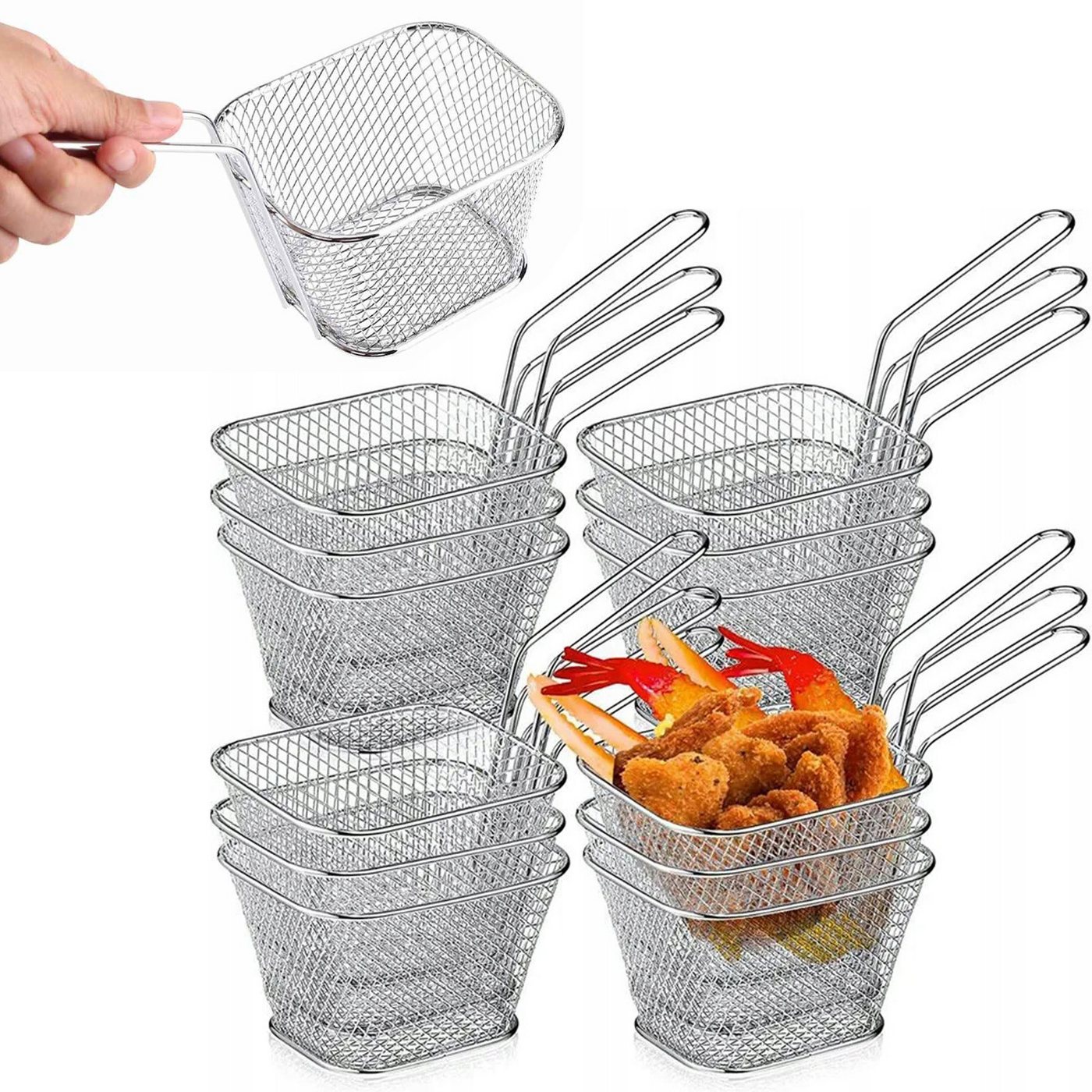 MODFU Frittiereinsatz Frittierkorb Pommeskorb Küchenfrittierkorb Servierkorb, (12er Set Servierkörbchen Edelstahl hitzebeständig, 12-tlg), mit Henkel für Pommes Snacks Beilagen ideal für Küche Restaurant Party von MODFU