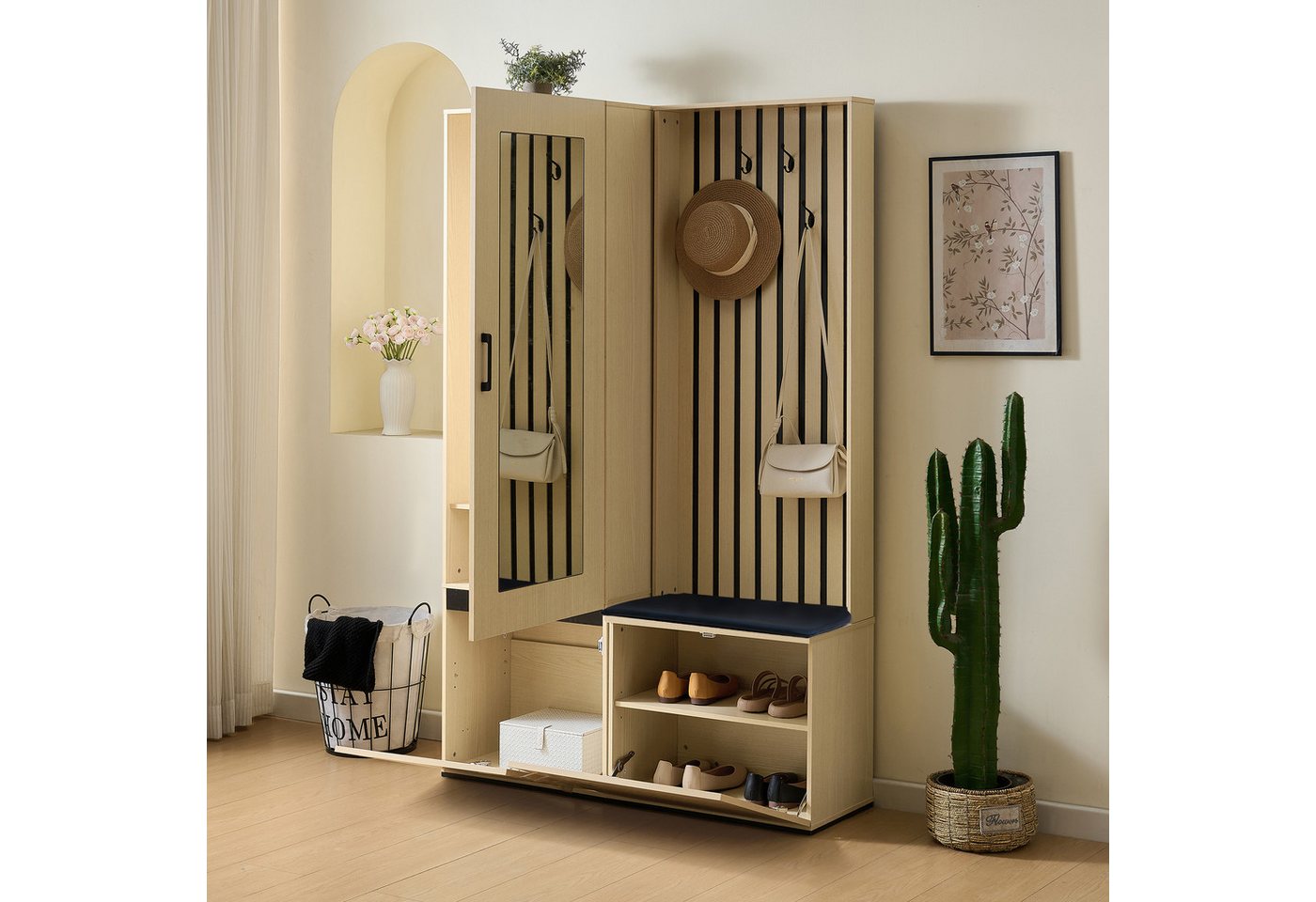 MODFU Garderoben-Set 2-in-1 Flurschrank Set, (Garderobenmöbel, Flurmöbel-Set, 2-St., Schuhablage, 4 Haken und Polsterbank), mit ausziehbarer Kleiderstange von MODFU