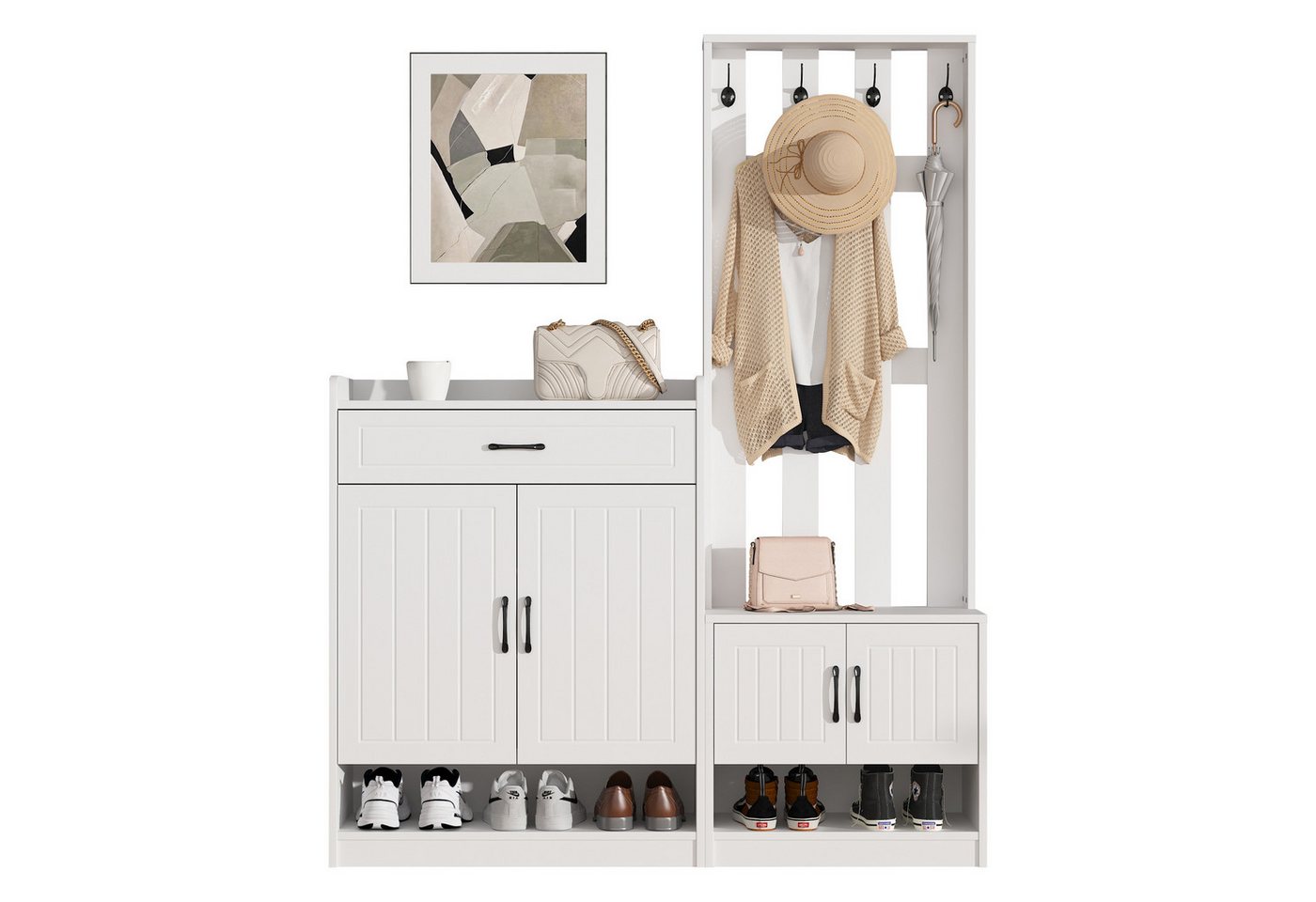 MODFU Garderoben-Set 3-in-1 Lösung, (Wandhängeschrank, Flurtrockenständer, Kleiderschrank, 1-St., 140*32*180cm), Kombination: Bank + Garderobenpaneel + Schuhschrank von MODFU