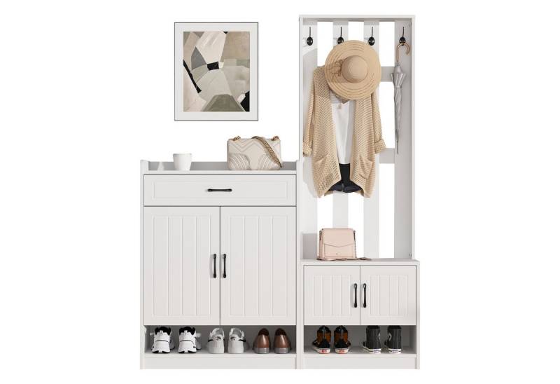 MODFU Garderoben-Set 3-in-1 Lösung, (Wandhängeschrank, Flurtrockenständer, Kleiderschrank, 1-St., 140*32*180cm), Kombination: Bank + Garderobenpaneel + Schuhschrank von MODFU