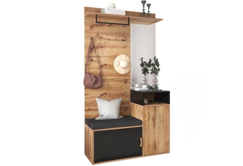 MODFU Garderoben-Set Elegantes Flur & Garderobe Set, (Garderoben-Set mit 4 Kleiderhaken, Spiegel, Schuhschrank, 1-St), oberes Ablagefach, Flurgarderobe Sitzbank von MODFU