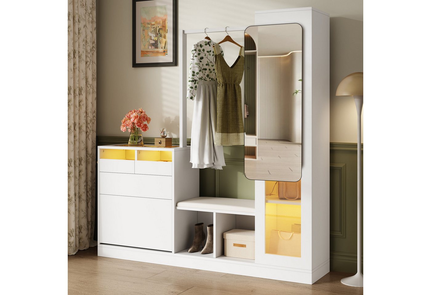 MODFU Garderoben-Set Garderoben-Set, (Frisiertisch, Flurschrank, 1-St., mit Kleiderstange, Schuhbank und Klappschuhschrank, Glasvitrine), farbwechselndem LED-Licht von MODFU
