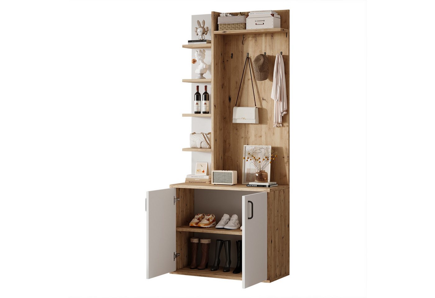 MODFU Garderoben-Set Holz- und Weißdesign, (Stauraumschränken, 1-St., Flurausstattung mit Kleiderhaken), Flurschrank mit 5-lagiger Stauraumeinteilung von MODFU
