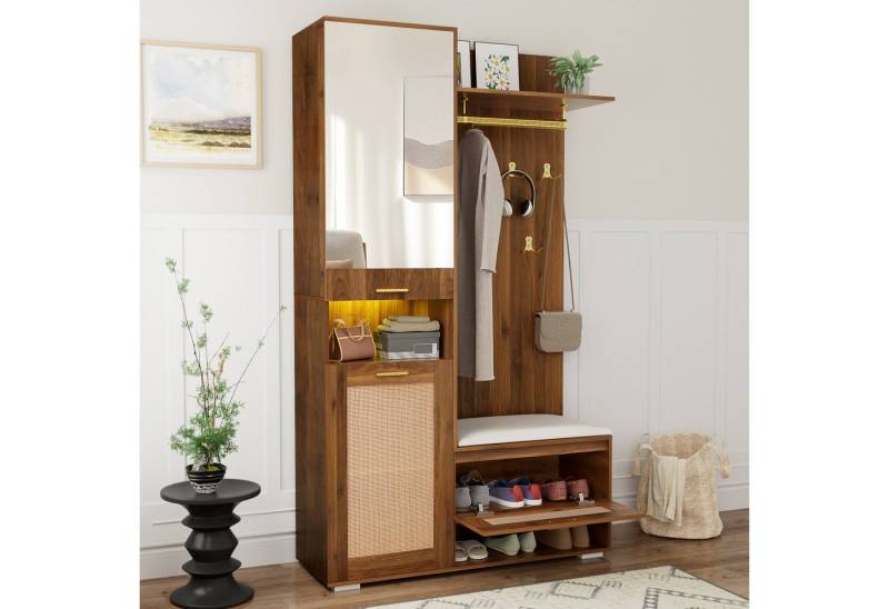 MODFU Garderoben-Set Kleiderschrank-Set Flurmöbel, (Flur-Organizer, 1-St., mit oberem Stauraumfach,6 Kleiderhaken), mit Spiegel, 16-farbiger LED-Beleuchtung, offenen Fächern von MODFU