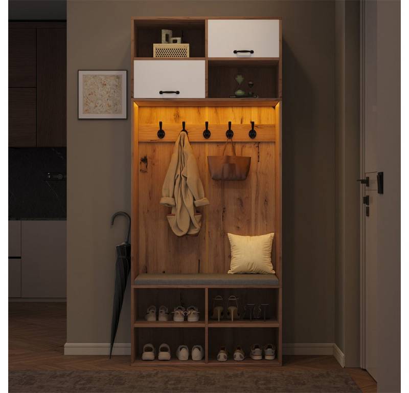 MODFU Garderoben-Set Komplett-Set Flurgarderobe, (mit Sitzbank, 5 Haken, 2 Türen & 6 Offener Lagerraum, 1-St., B80/D30/H185 cm) von MODFU