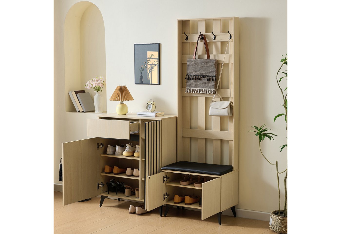 MODFU Garderoben-Set Modernes 2-in-1 Flur- und Wohnmöbel-Set, (Kombinationsset, 2-St., mit Garderobe, Schuhschrank, Sideboard und gepolsterter Sitzbank), inklusive verstellbarer Regalböden von MODFU