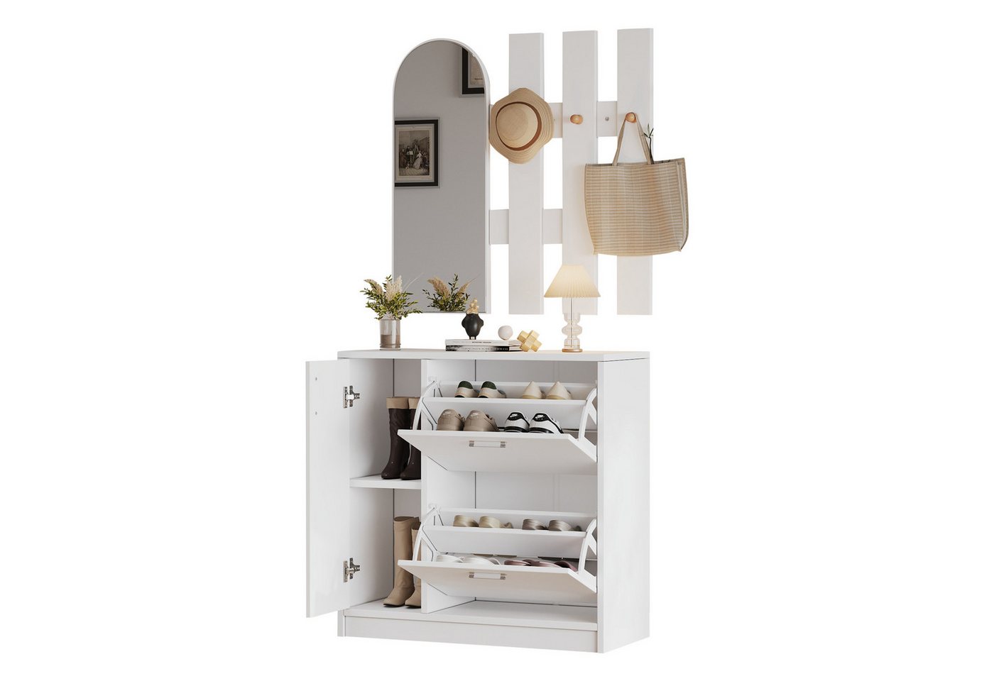 MODFU Garderoben-Set Schuhschrank mit Klapptür, (Garderobenschrank, Schuhregal, Wohnzimmerregal, für kleine Flure), Schuhschrank 2 Klapptüren und eine Schiebetür von MODFU
