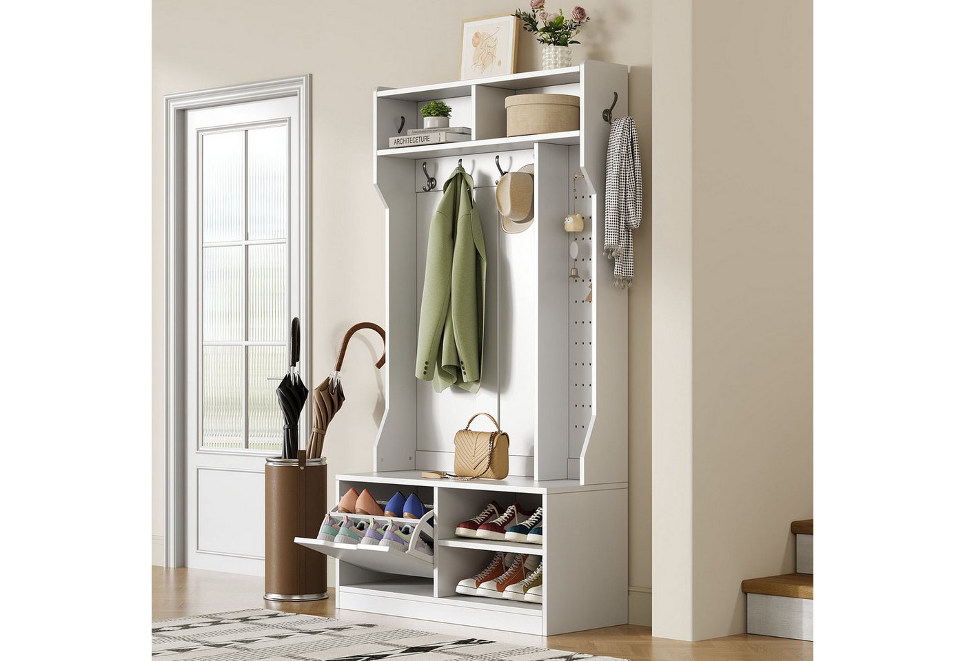 MODFU Garderoben-Set für Ihren Eingangsbereich, (Garderobenset mit Sitzbank, Flip-Top-Schuhschrank & Stecktafel – Multifunktional, 1-St., 100×185.5×40 cm), mit Sitzbank, 6 Haken von MODFU