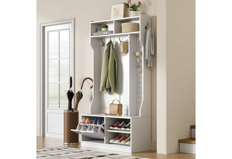 MODFU Garderoben-Set für Ihren Eingangsbereich, (Garderobenset mit Sitzbank, Flip-Top-Schuhschrank & Stecktafel – Multifunktional, 1-St., 100×185.5×40 cm), mit Sitzbank, 6 Haken von MODFU