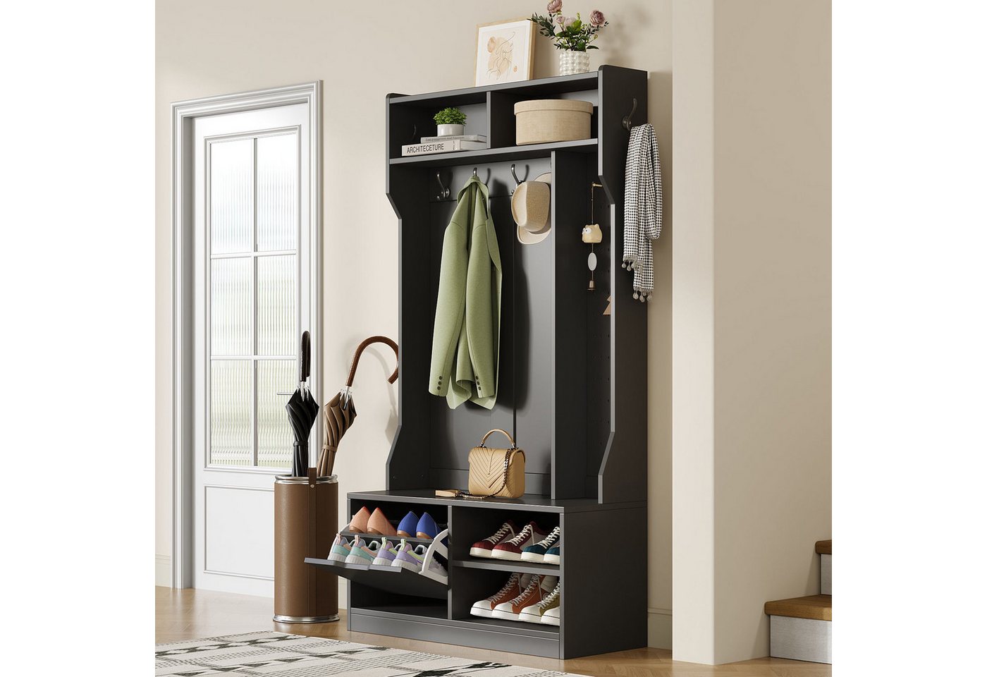 MODFU Garderoben-Set für Ihren Eingangsbereich, (Garderobenset mit Sitzbank, Flip-Top-Schuhschrank & Stecktafel – Multifunktional, 1-St., 100×185.5×40 cm), mit Sitzbank, 6 Haken von MODFU