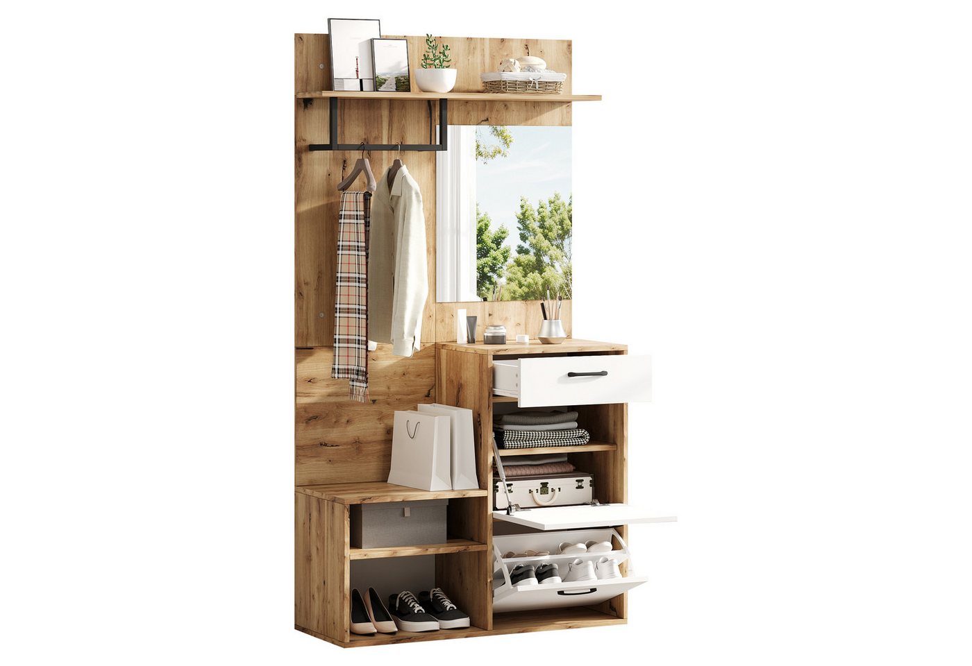 MODFU Garderoben-Set halboffenen Stauraum, (Kompaktgarderobe, Flurschrank, 1-St., 100*38.5*190cm), mit Spiegel von MODFU