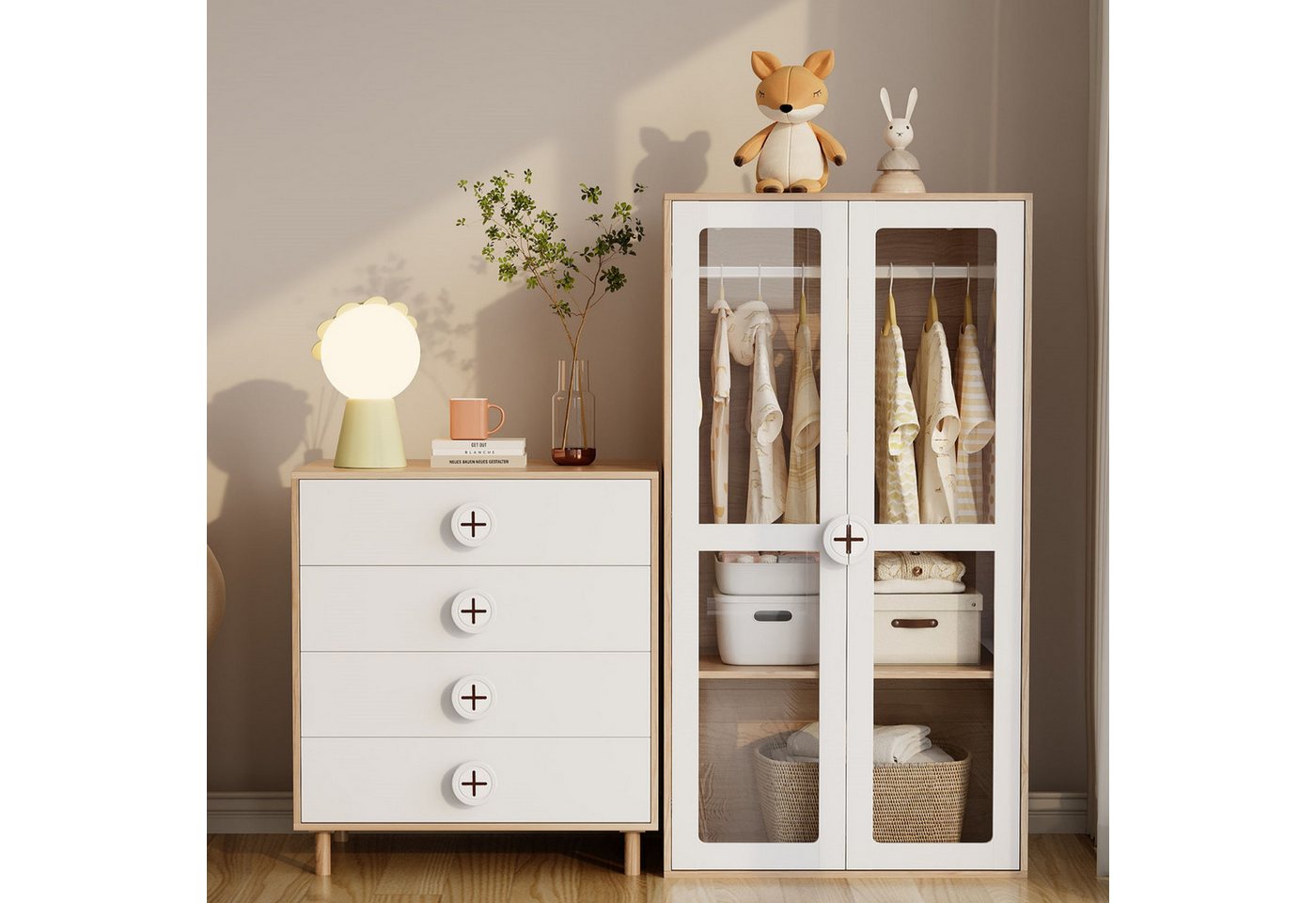 MODFU Garderoben-Set in weiß mit Holzoptik, (Schlafzimmermöbelset, 2-St., 80*54*90cm + 80×50×150 cm), Lackierte Platten + Spanplatte von MODFU