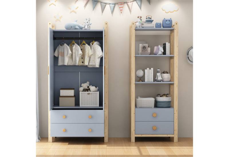 MODFU Garderoben-Set mit Kleiderstange und Schubladen + Regal, (Kinderzimmer-Set, 1-St., Doppelklappengarderobe, Fichtenrahmen, Höhe 180cm), mit Kleiderstange und Schubladen von MODFU