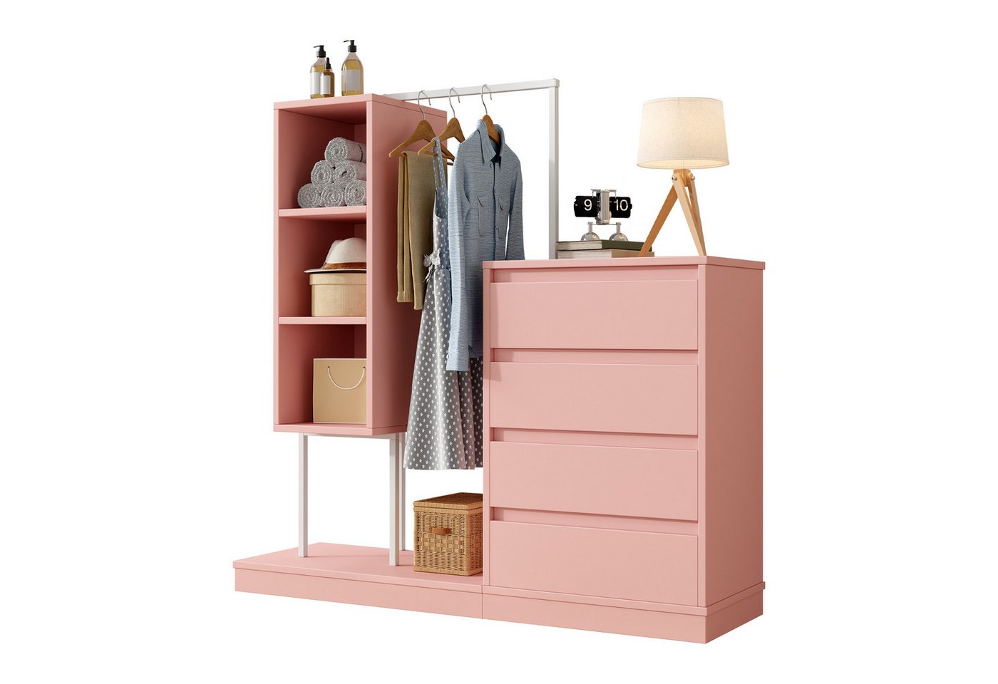MODFU Garderoben-Set mit mehrere Stauraumzonen, (Schubladenschrank, Kleiderschrank-Set, 1-St., mit 4 Schublade, Kleiderbereich und 3 offener Fächer), weißer Kleiderschrank, Kleiderstange von MODFU