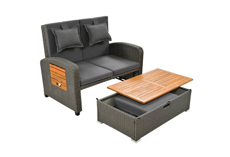 MODFU Gartenlounge-Set 2-Sitzer Gartenmöbel mit verstellbarer Rückenlehne, (Sofa mit Hocker), Garten-Lounge-Sessel-Set für 2 Personen, graues Rattan von MODFU