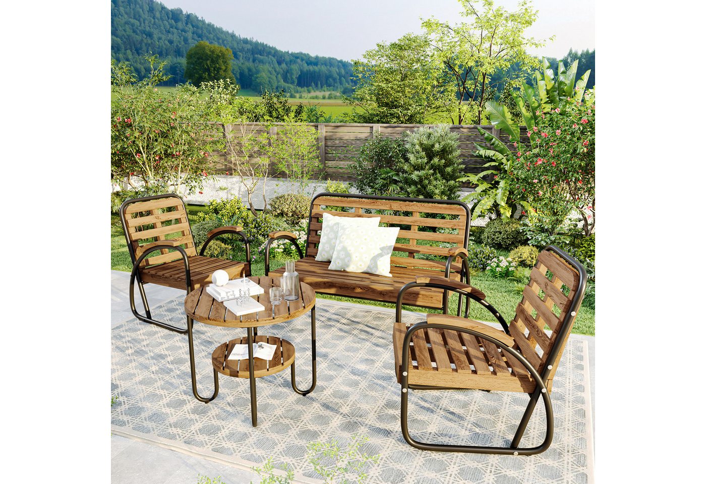 MODFU Gartenlounge-Set Gartenmöbel, Sitzgruppe, (4-tlg, 1 Sofa, 2 Sessel und 1 Tisch), aus Akazienholz, für 4 Personen von MODFU