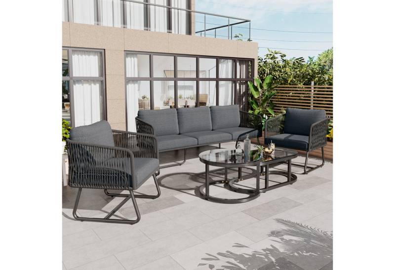 MODFU Gartenlounge-Set Gartenmöbel-Set, (5-tlg., 1 Sofa, 2Stuhl, 2 Tisch, inklusive aller Sitz-und Rückenkissen), mit Rahmen aus verzinktem Eisen, verstellbare Füße,Tischplatte aus Glas von MODFU