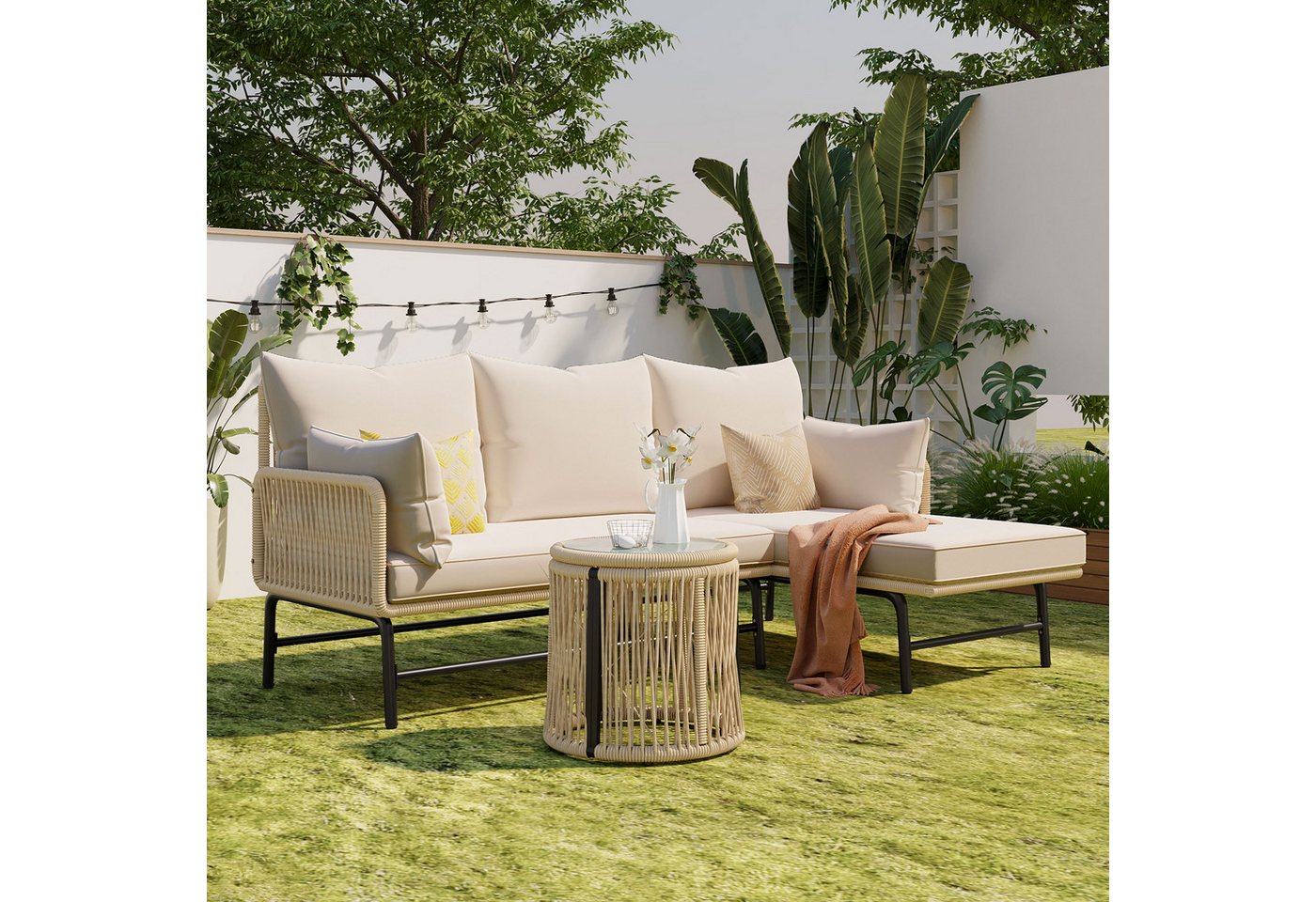 MODFU Gartenlounge-Set Gartenmöbel-Set, (Gartenmöbel L-förmiges Gesprächsset mit Tisch) von MODFU