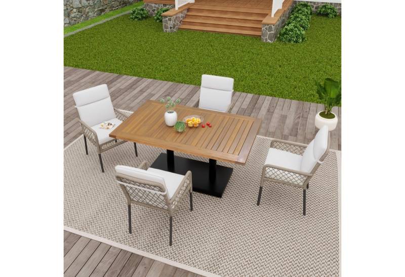 MODFU Gartenlounge-Set Gartenmöbel-Set, Eckgarnitur, (Balkonset Garten-Essgruppe, Gartenmöbel-Set, 5-tlg., 1 Tisch, 4 Stühle), Tischplatte aus massivem Akazienholz, Stühle mit PE-Rattanumwicklung von MODFU