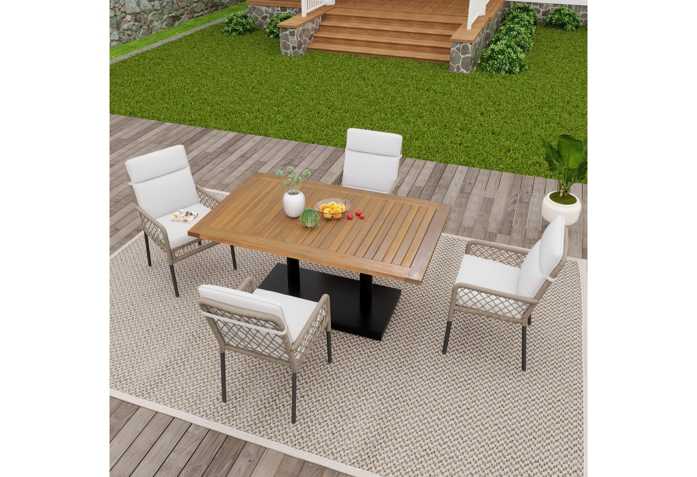 MODFU Gartenlounge-Set Gartenmöbel-Set, Eckgarnitur, (Balkonset Garten-Essgruppe, Gartenmöbel-Set, 5-tlg., 1 Tisch, 4 Stühle), Tischplatte aus massivem Akazienholz, Stühle mit PE-Rattanumwicklung von MODFU