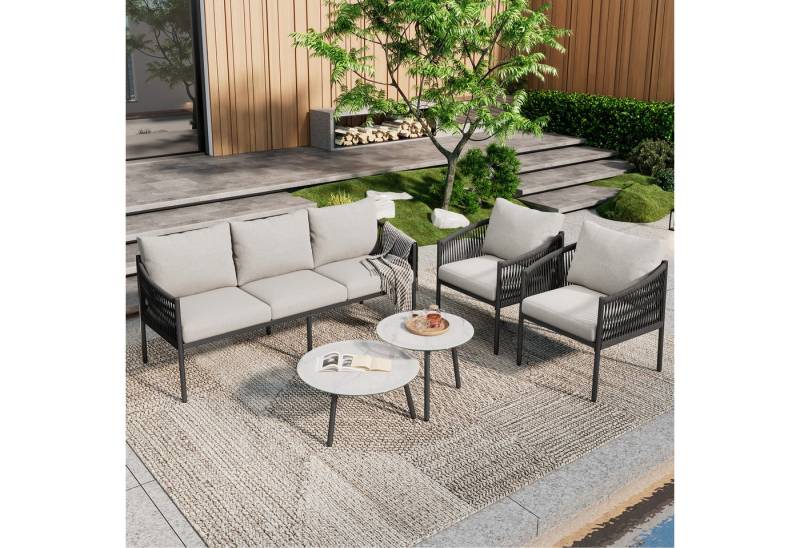 MODFU Gartenlounge-Set Gartenmöbel-Set, Eckgarnitur, (Gartenmöbel-Set, Outdoor-Sofa-Set, Balkonset, 5-tlg., 3-Sitzer-Sofa, 2 Sessel und 2 Couchtische), Glasplatte Marmor lackiert, handgeflochtenes Seil, verzinkter Stahl von MODFU