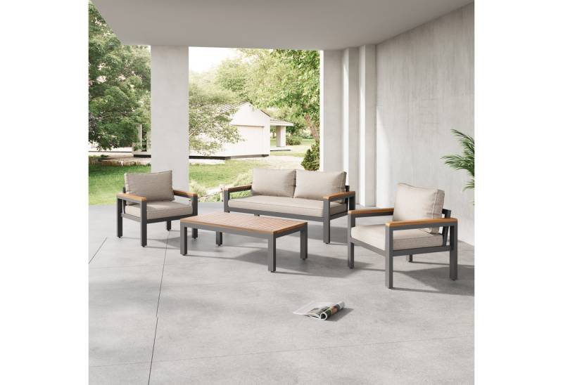 MODFU Gartenlounge-Set Gartenmöbel-Set, Gartensitzgruppe Set aus verzinktem Stahl Akazienholz Armlehnen von MODFU