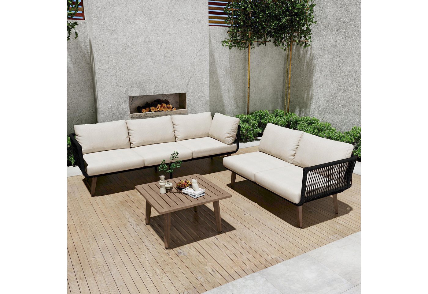 MODFU Gartenlounge-Set Outdoor Möbel-Set – Sofa mit Couchtisch, (Garten-Lounge-Set, Gartenmöbel-Set, Outdoor-Sofa-Set, Balkonset, 3-tlg., aus verzinktem Stahl, UV-beständig, korrosionssicher), bequem für Familien und Gäste von MODFU