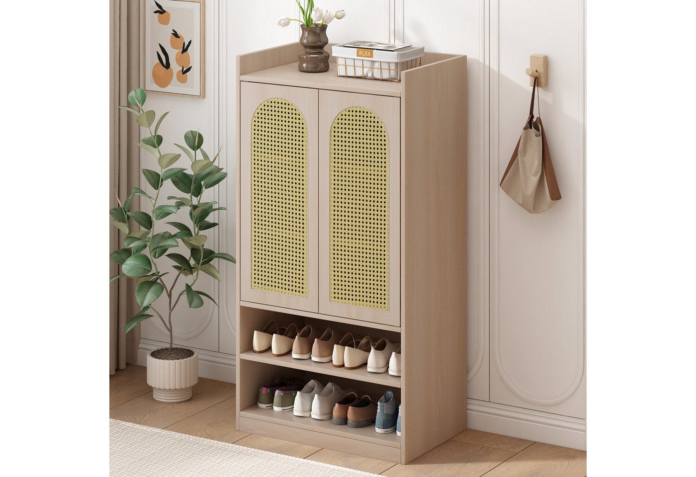 MODFU Highboard sideboard (Sideboard mit Polyrattan-Tür), Mit verstellbaren Einlegeböden, Schuhschrank Landhausstil von MODFU