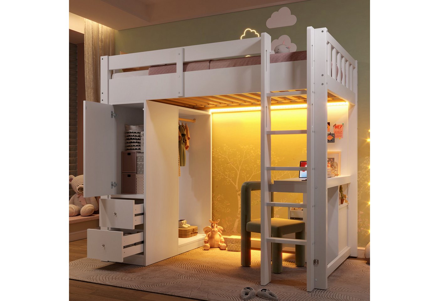 MODFU Hochbett Für Kinderzimmer, Jugendzimmer und Home Office (mit Unterbettschreibtisch, 4 Schubladen & offenem Kleiderschrank, 1-St., 90x200) LED-Licht und USB von MODFU