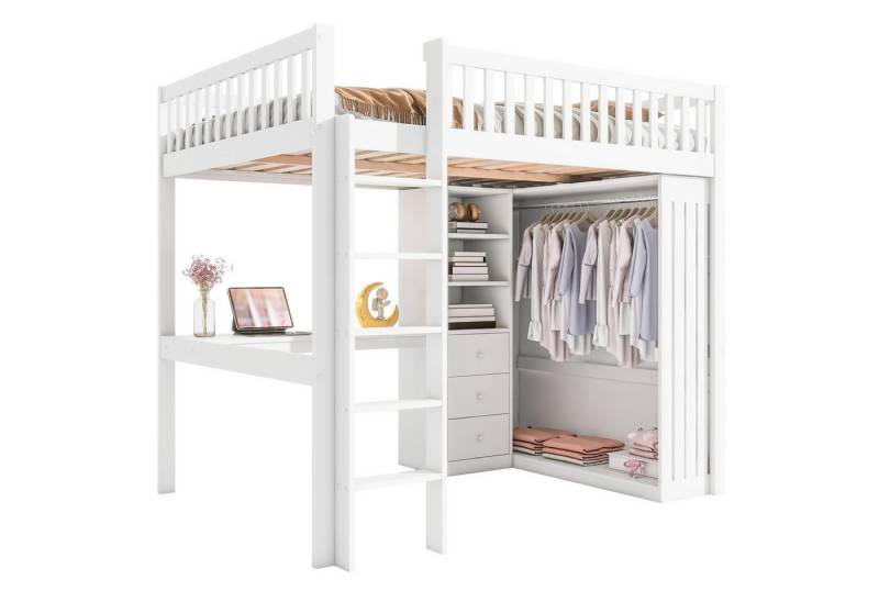 MODFU Hochbett Funktionsbett,Kinderbett,mit Schreibtisch (Hochbett mit Schreibtisch, Kleiderschrank & Stauraum) ohne Matratze von MODFU