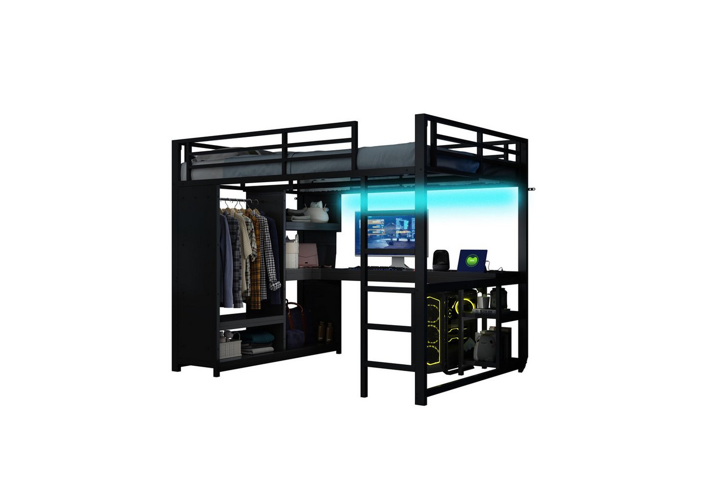 MODFU Hochbett Funktionsbett,Stauraumbett,Einzelbett,Kinderbett (Metall-Gaming-Hochbett mit LED, Schreibtisch, Kleiderschrank und Stauraum) von MODFU