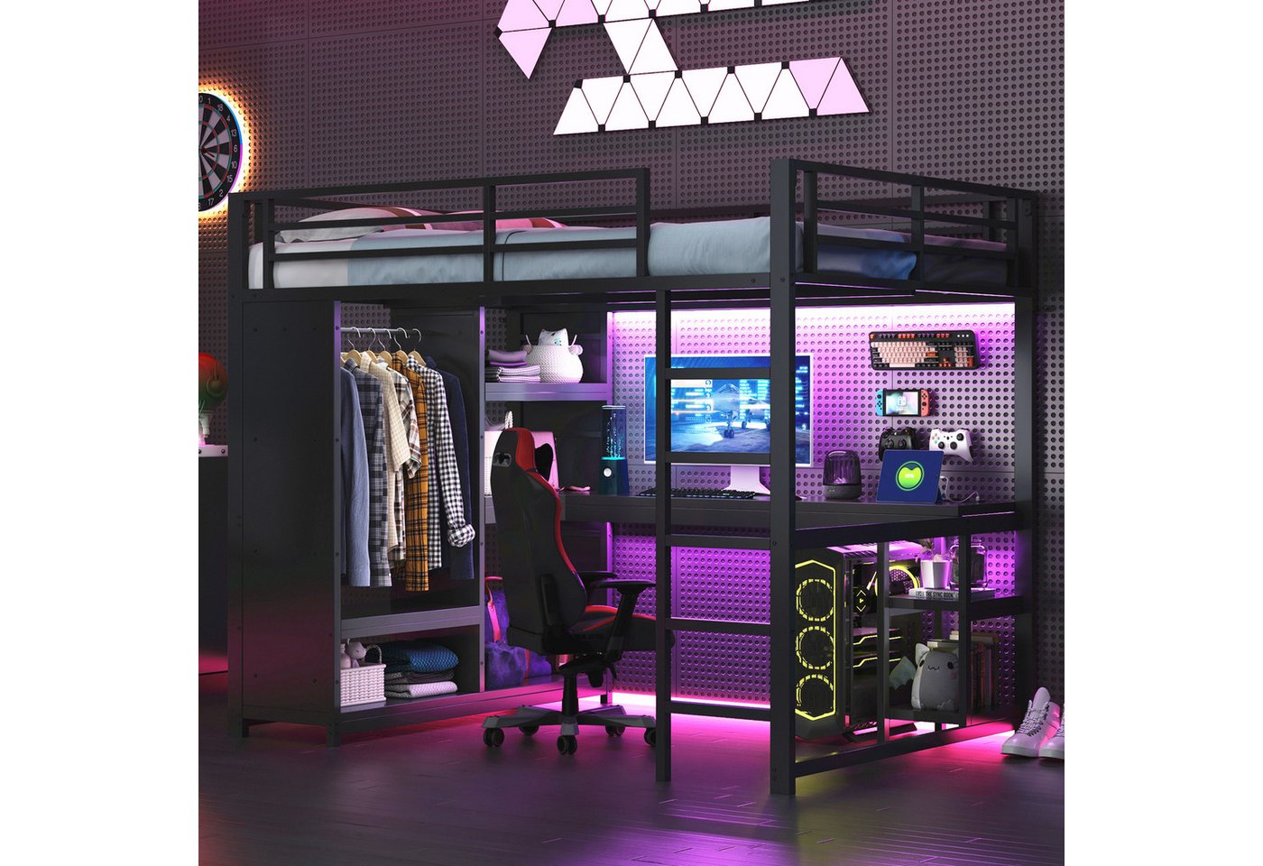 MODFU Hochbett Funktionsbett,Stauraumbett,Einzelbett,Kinderbett (Metall-Gaming-Hochbett mit LED, Schreibtisch, Kleiderschrank und Stauraum) von MODFU