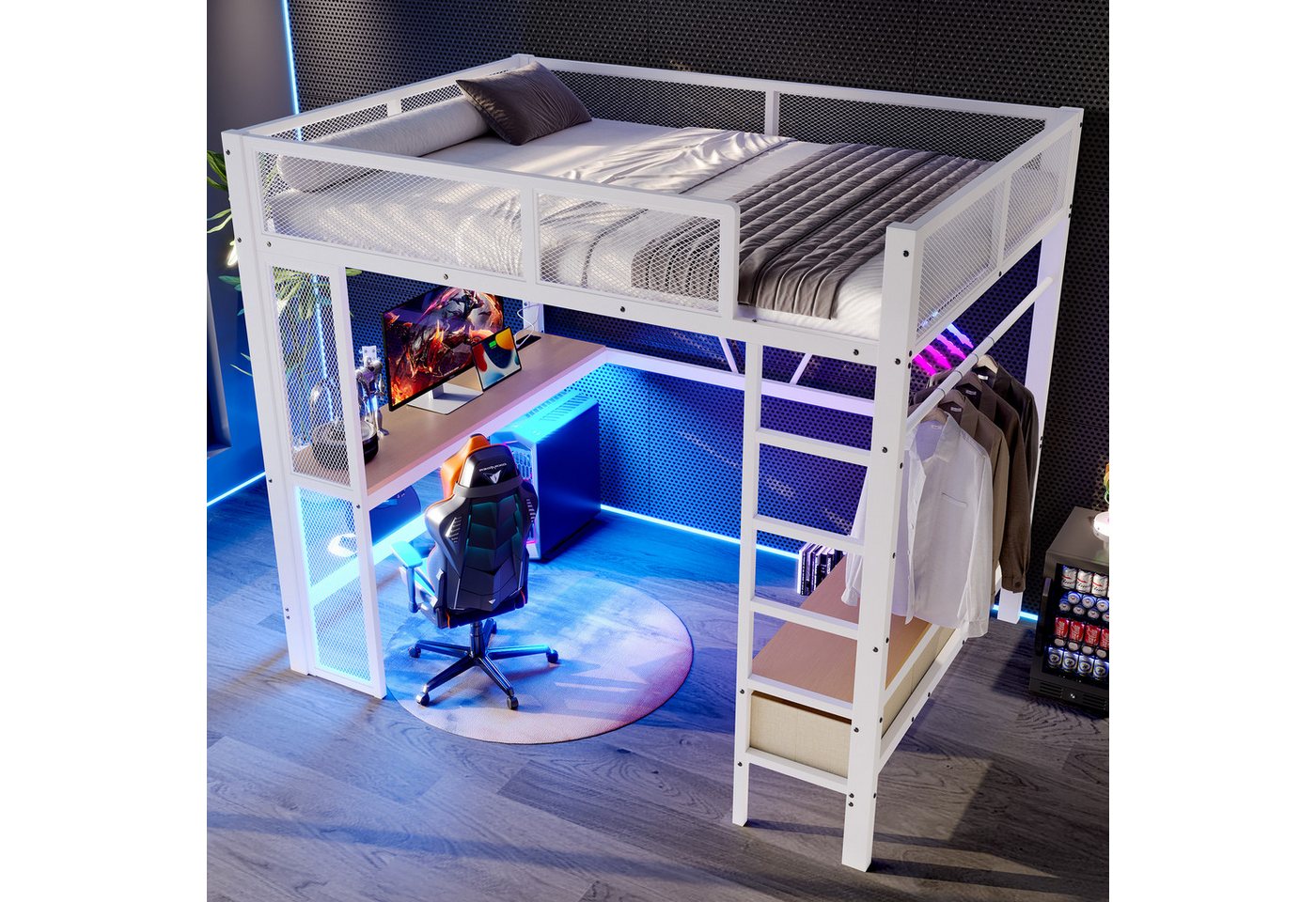 MODFU Hochbett Funktionsbett Stauraumbett Kinderbett (mit LED, USB & Schreibtisch – Kinderzimmer Hochbett mit Schubladen & offenem Kleiderschrank, 1-St., 140x200cm) von MODFU