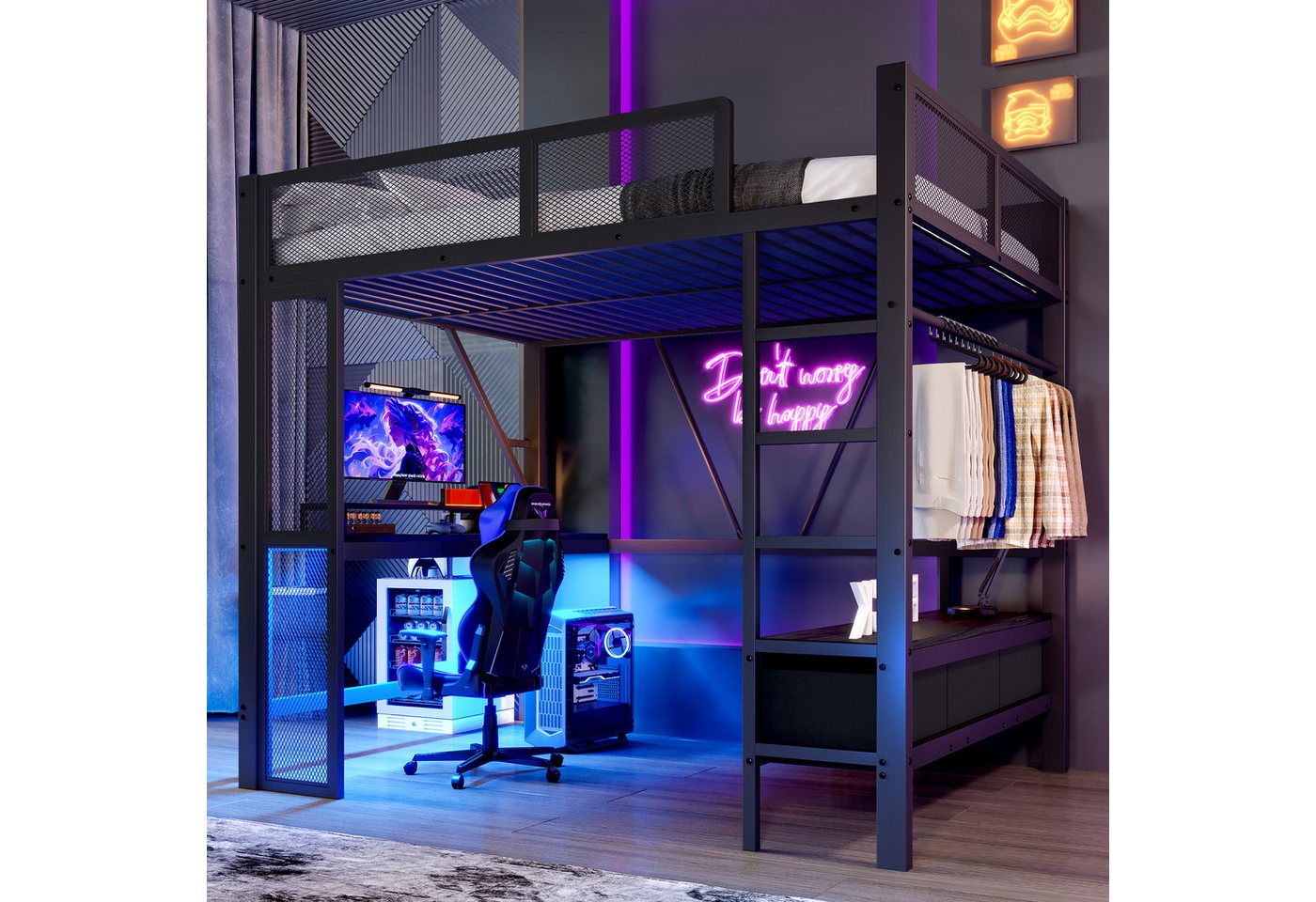 MODFU Hochbett Funktionsbett Stauraumbett Kinderbett (mit LED, USB & Schreibtisch – Kinderzimmer Hochbett mit Schubladen & offenem Kleiderschrank, 1-St., 140x200cm) von MODFU