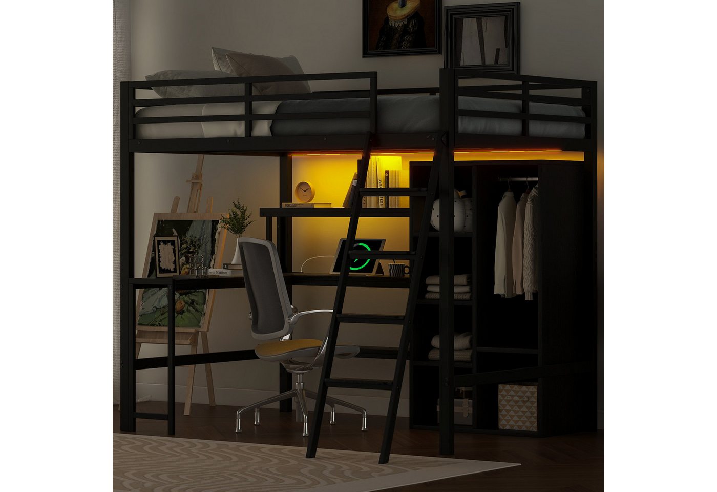 MODFU Hochbett Funktionsbett Stauraumbett Kinderbett (mit Schreibtisch, LED-Beleuchtung, USB-Ladestation, Stauraum – Stabiler Metallrahmen, platzsparend, 1-St., 140x200) von MODFU