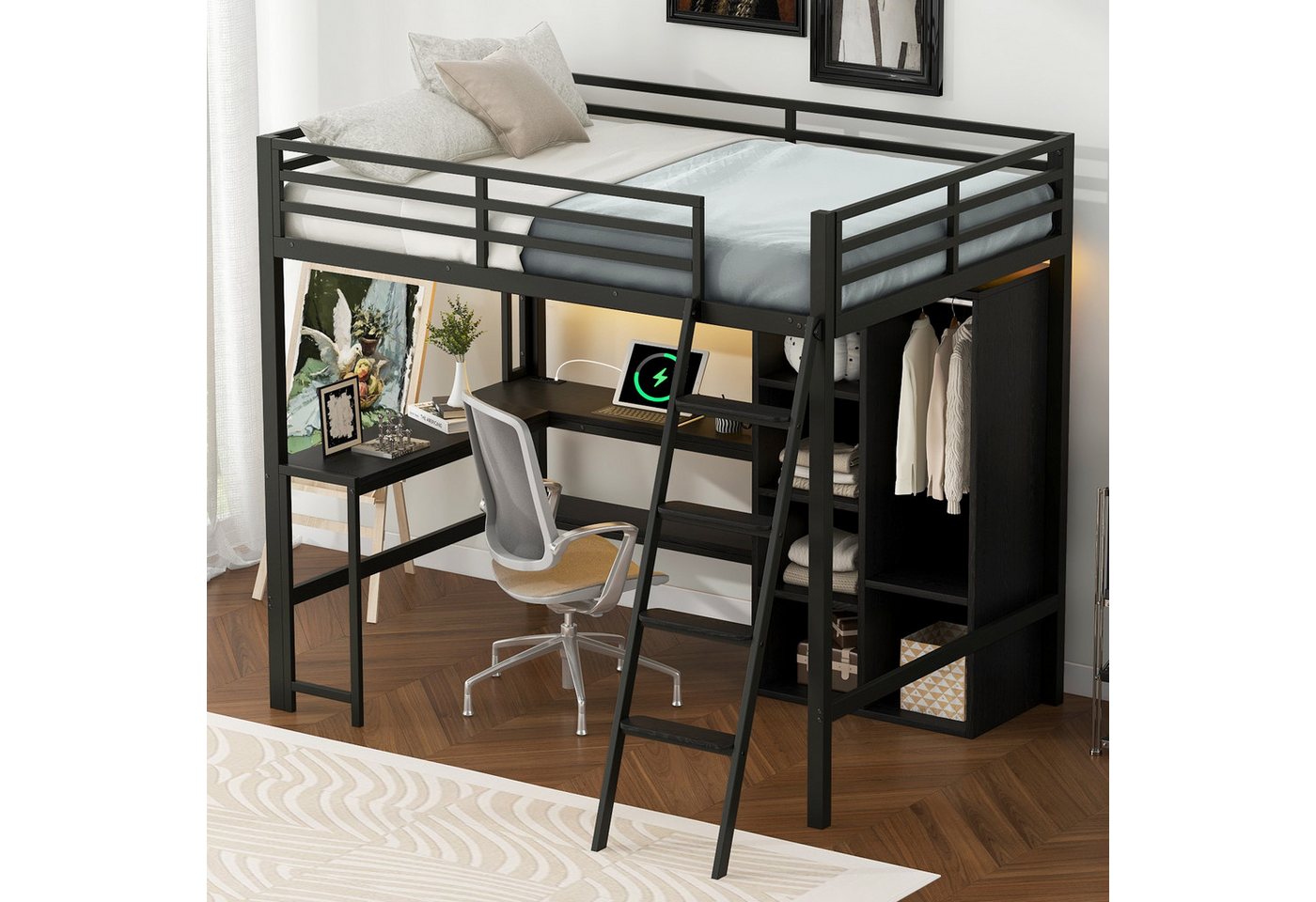 MODFU Hochbett Funktionsbett Stauraumbett Kinderbett (mit Schreibtisch, LED-Beleuchtung, USB-Ladestation, Stauraum – Stabiler Metallrahmen, platzsparend, 2-St., 140x200) von MODFU