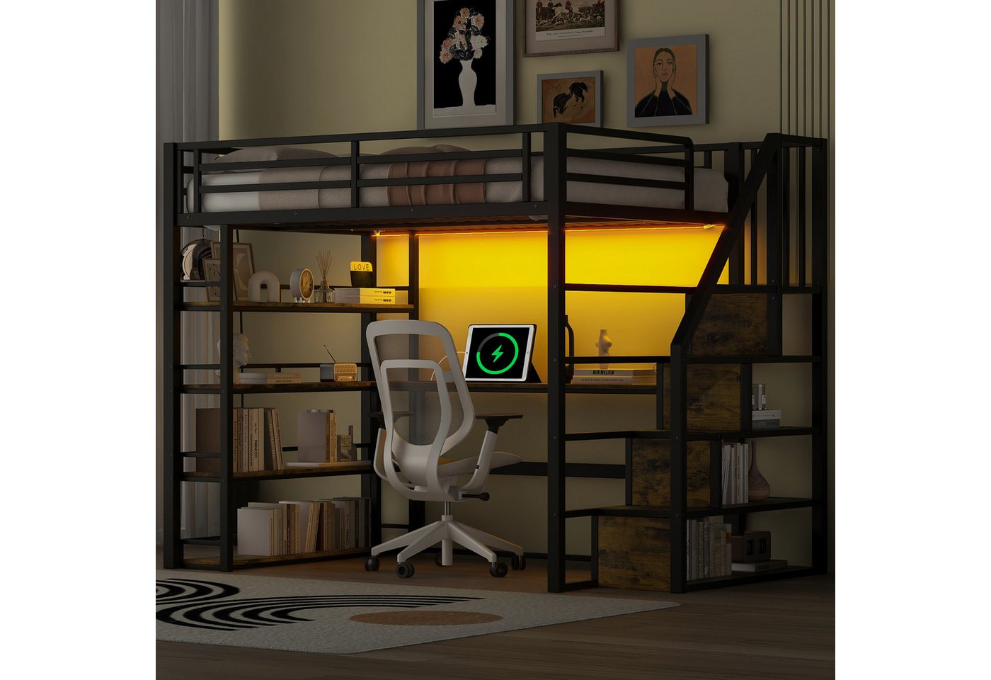 MODFU Hochbett Funktionsbett Stauraumbett Kinderbett (mit Treppe, Schreibtisch, Stauraum, USB-Ladeanschluss, LED-Beleuchtung, 1-St., 140x200) von MODFU